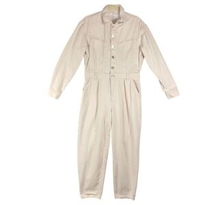 MNG Gillian Denim Jumpsuit Womens XL Long Sleeve Button Down Collared Cream‎